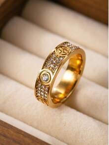 1枚18K镀金不锈钢微镶星空十字戒指，经典欧美时尚个性戒指，男女皆宜 - 彩色 - 查看 8