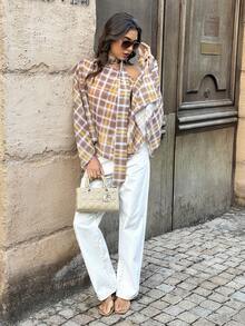 Plaid Pocket Button Casual Beach Vacation Women Tops Spring - Khaki - View 5