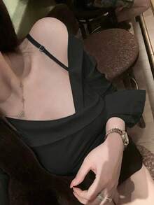 交叉设计露肩长袖修身衬衫，优雅法式风格 - 黑色 - 查看 4