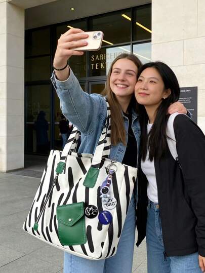 حقيبة تسوق كبيرة السعة بطبعة الزيبرا وتصميم ألوان متباينة، مناسبة للجامعة والشارع والتجمعات مع الأصدقاء والسفر القصير وال-DIY والإبداع، مناسبة للطالبات والموظفات والمحبات للموضة، حقيبة يد/كتف/تسوق، من القماش مع تصميم ألوان متباينة وجيوب متعددة وسحاب مضاد للسرقة، هدية للصديقات وللاستخدام اليومي