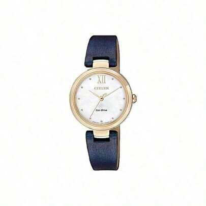 CITIZEN Watches For Women Luxury Solar Powered -Drive Wristwatch Mother Of Pearl Dial Elegant Navy Blue Leather Strap For Office Work & Daily Life
