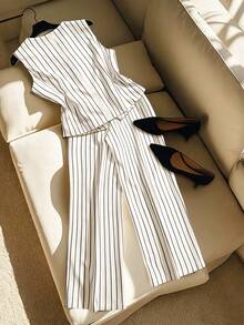 2pcs Elegant Sleeveless Striped Blouse And Slim Fit Suit Pants Set, Waist Cinching, Leg Lengthening Summer - Apricot - View 2