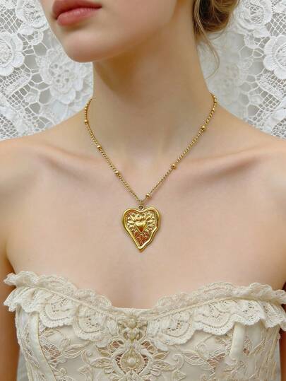 1 pieza Collar con colgante de corazón chapado en oro de 18K de acero inoxidable con cuentas espaciadoras, de moda y elegante, adecuado para el Día de San Valentín, citas, regalos para la novia