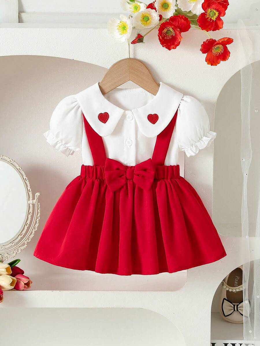 女婴可爱领心形图案泡泡袖荷叶边下摆纽扣衬衫配蝴蝶结肩带A字连衣裙两件套，时尚百搭，适合日常、派对、外出、春夏穿着。 - 彩色 - 查看 1