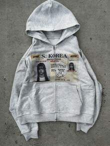 Retro ID Print Zip Up Hoodie Men Women Oversized Vintage Sweatshirt With Front Pockets For Spring And Fall - Light Grey - View 2
