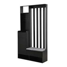 Hallway Cabinet, Shoe Cabinet With Cushion Storage, Multifunctional With Power Outlet, With 4 Hooks, Black, White, H180 / W100 / D35 Cm - Black - View 3