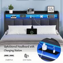 Upholstered Bed Frame With Charging Station, LED Bed Frame With Storage Headboard, Metal Platform Bed Frame With Heavy Duty Metal Slats, No Box Spring Needed, Easy Assembly, Black/ White/ Beige, Twin/ Full/ Queen/ King - 黑色 - 查看 3