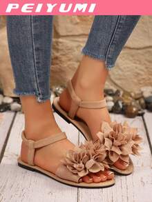 PEIYUMI Women's Sandals, Summer Beach Floral Decor Sandals, Stretchy Elastic, Easy To Carry - Apricot - View 4