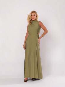Women's Long Tailored Dress, High Neck, Side Slit, Side Opening Detail, Comfortable, With Pockets, Elegant - Màu xanh lá cây đậm - Xem 4