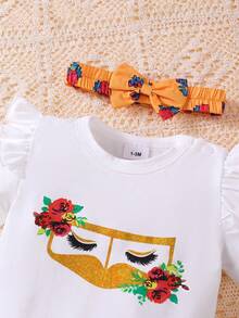 Set de 3 piezas de ranaper, falda y diadema con estampado de rosas para bebé niña en primavera/verano - Amarillo - Ver 4