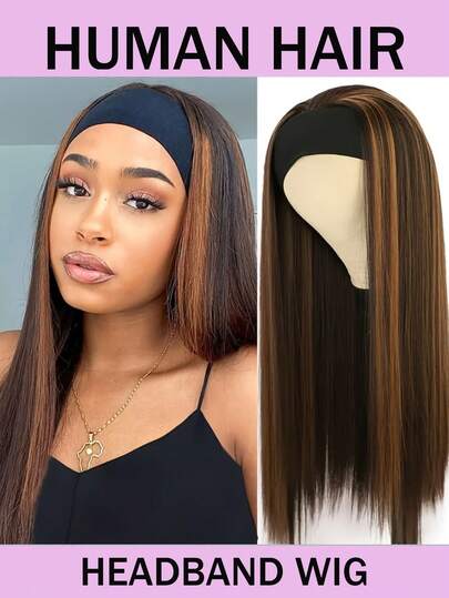 Straight Headband Human Hair Wig Wear And Go Glueless No Lace Wigs For Women 180% Density Brown With Blonde Highlights Human Hair Machine Made Wigs For Daily Party Use #4/30