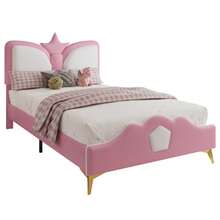 Upholstered Bed, Single Bed, Children's Bed, Crown-Shaped Headboard, Shock-Absorbing Soft Foam Headboard And Edge, Playful Colors, PU + Iron + Foam, Pink + White, 90 X 200 Cm - Pink - View 1