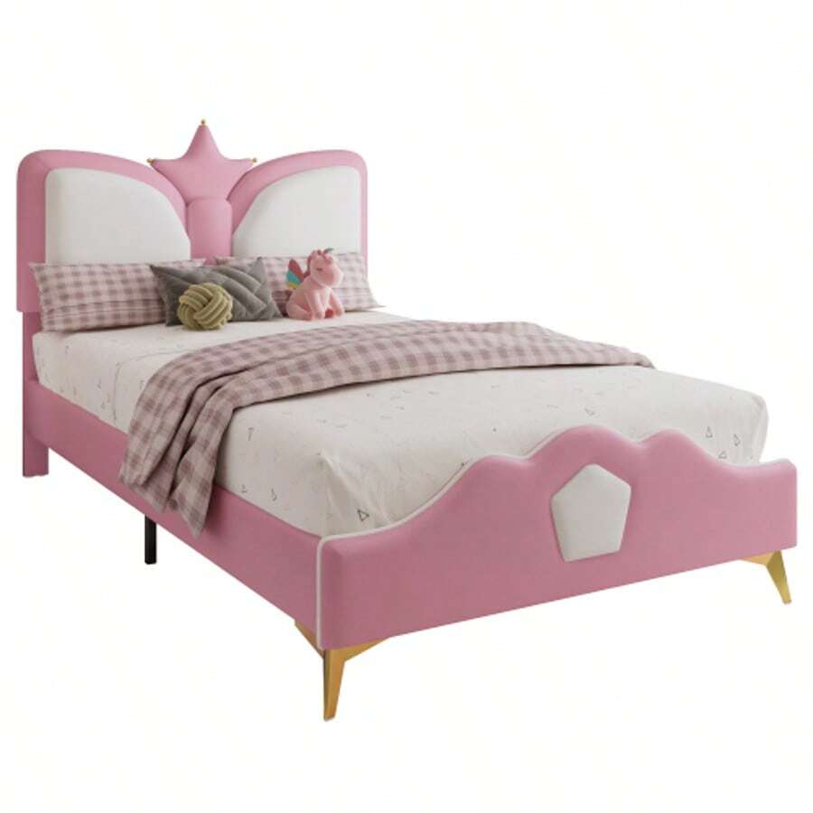 Upholstered Bed, Single Bed, Children's Bed, Crown-Shaped Headboard, Shock-Absorbing Soft Foam Headboard And Edge, Playful Colors, PU + Iron + Foam, Pink + White, 90 X 200 Cm - Pink - View 1