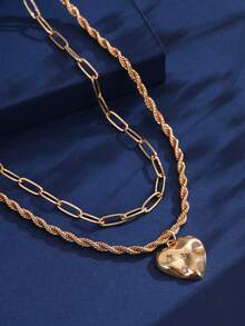 2 Buah Kalung Liontin Berbentuk Hati Berlapis Tembaga, Gesper Kotak-kotak & Hiasan Zirkonia Kubik Mengkilap, Kalung Pria - Yellow Gold - View 2