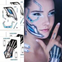 4 Sheets Waterproof Mechanical Arm Facial Stickers | Temporary Tattoos, Body Art Decoration, Suitable For Arms, Face, Legs, Ankles | Perfect For Birthday Parties, Festivals, Waterproof, Lasting For Thousands Of Years And Festivals - 彩色 - 查看 1