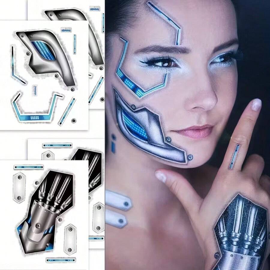 4 Sheets Waterproof Mechanical Arm Facial Stickers | Temporary Tattoos, Body Art Decoration, Suitable For Arms, Face, Legs, Ankles | Perfect For Birthday Parties, Festivals, Waterproof, Lasting For Thousands Of Years And Festivals - 彩色 - 查看 1