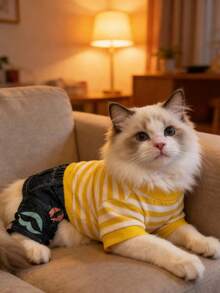 Spring/Summer New Pet Dog Cat Clothes, Poodle, Bichon Frise, Teddy, Ragdoll Cat, Siamese Cat Denim Pants, Yellow Striped T-Shirt, Fashionable Patchwork - Yellow - View 6