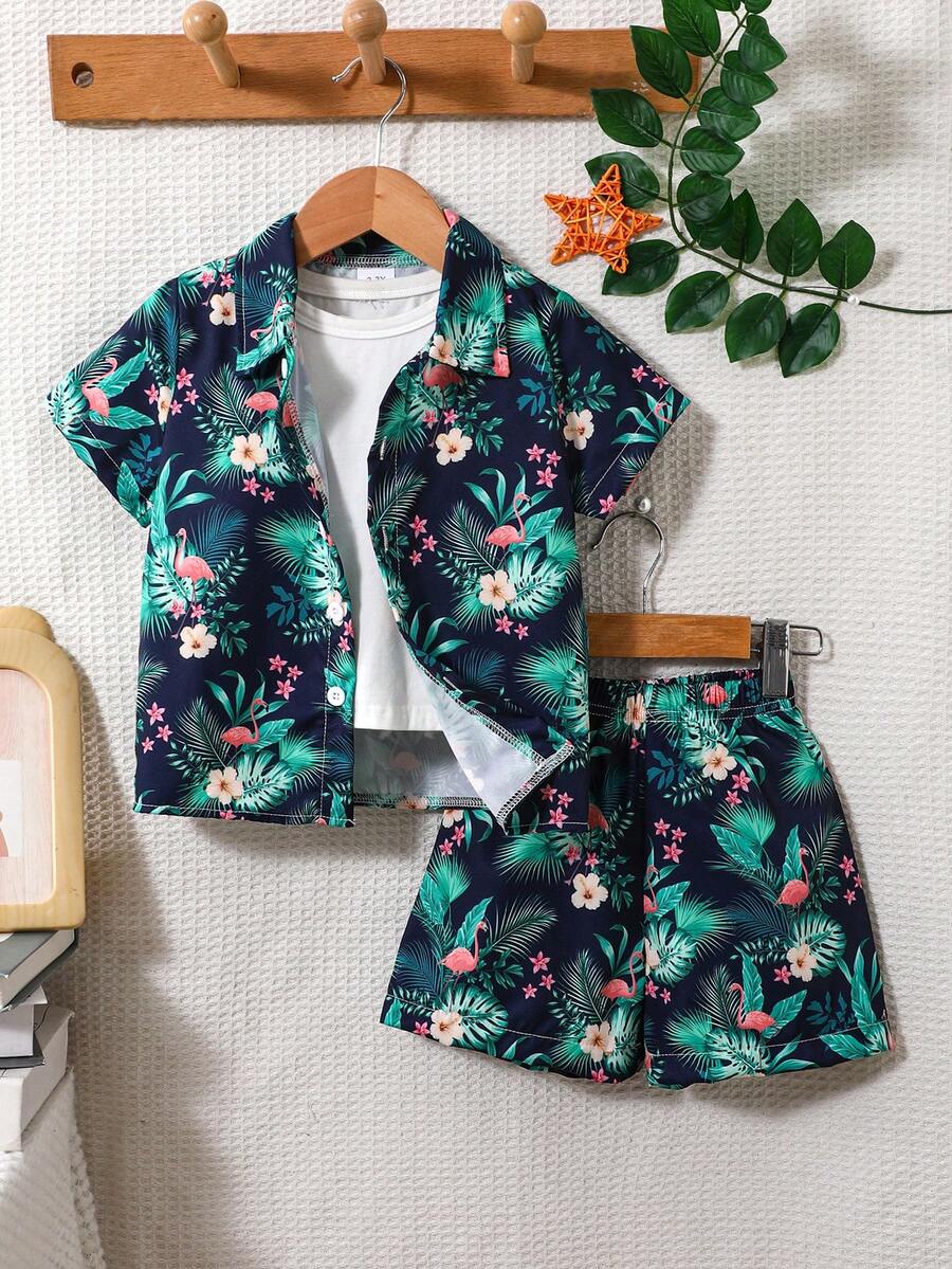 Bộ áo ngắn tay và quần short trẻ em mùa xuân hè với họa tiết hoa khắp thân áo, bộ đồ hai mảnh thường ngày mặc ngoài trời. - Nhiều màu - Xem 1