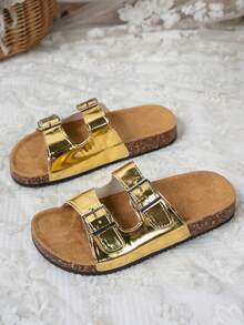 Women's Comfortable Adjustable Buckle Slip-On Flat Sandals With Cork Insole, Flat Slides Suitable For Spring/Summer Outdoor Vacation And Daily Wear - Gold - View 3