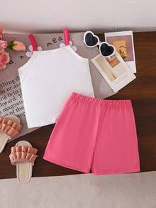 Baby Girl Daisy Strap Top With Pink Bow Shorts, Heart Accent, Cute & Fresh Outfit Set - Pink - View 2