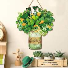 1 pièce Décoration de porte pour la Saint-Patrick, couronne en bois en forme d'arbre à trèfles à quatre feuilles porte-bonheur irlandais, décoration murale de porte d'entrée pour fête de la Saint-Patrick - Multicolore - Voir 2