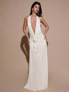 Valentine Outfits For WomenBAE Sexy Minimalist Solid Yellow Cream Deep V-Neck Halter Bodycon Ruched Fitted Women's Maxi Mesh Dress, Suitable For Party, Cocktail, Formal Occasions, Bridesmaid, Birthday, Business Casual, Elegant Women Maxi Dress,Valentine's Day,Valentine Fits For WomenLoose And Comfortablevalentine's Day - 杏色 - 查看 6