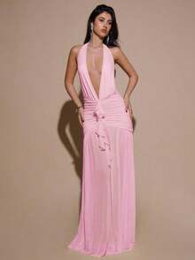 2026BAE Sexy Minimalist Solid Yellow Cream Deep V-Neck Halter Bodycon Ruched Fitted Women's Maxi Mesh Dress, Suitable For Party, Cocktail, Formal Occasions, Bridesmaid, Birthday, Business Casual, Elegant Women Maxi Dress,Valentine's Day,Valentine Fits For WomenLoose And Comfortable,Casual And Easy-Goin - 珊瑚粉 - 查看 5