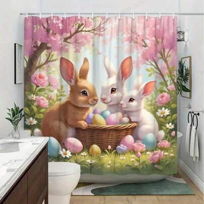 1/3/4pcs Charming Spring Rabbit Garden Shower Curtain - Soft Polyester, Fluffy White & Brown Rabbits With Easter Eggs And Pink Flowers, Includes 12 Hooks, Vibrant Floral Design, Suitable For Fresh Bathroom Decor