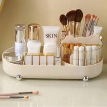 360-Degree Rotating Makeup Brush Holder, Office Pen Cup, Cosmetic Organizer, Rotating Storage Container, Desktop Storage Box, Large-Capacity Organizer With Premium Texture, Rotating Desktop Storage Holder - Transparent Cream-colored Rotating Storage Box - View 3