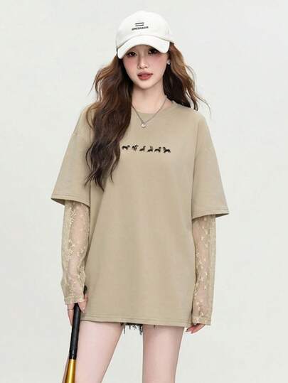 JUTU Spring/Summer Khaki Round Neck Mid-Length Lace Splice Sleeve Elegant Charming Women's Top, 2026 New Cartoon Animal Print Long Sleeve T-Shirt, New Year Outfit