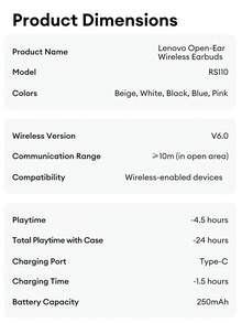 Lenovo RS110 Bluetooth Earphones, Open-Ear Bluetooth 6.0, 360° Surround Sound, Directional Audio, ENC Noise Cancellation, Long Battery Life, Wireless Earphones For Sports, Cycling, Music, Gaming, Compatible With Smartphones & Computers, Gift - Beige - View 11
