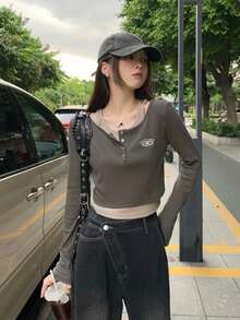 女士复古性感刺绣纽扣长袖T恤，修身休闲款，适合情人节、秋冬季节穿着。 - 深灰色 - 查看 5