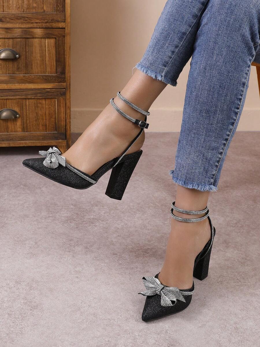 优雅女士尖头纯色高跟鞋，时尚水钻蝴蝶结性感水钻绑带鞋 - 黑色 - 查看 1
