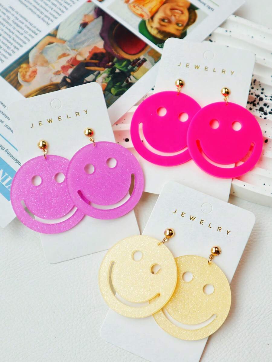 1 Pair Cute Back To School Bling Acrylic Earrings, Smiling Face, Sweet & Funny, Suitable For Holidays, Gift - Face - View 1