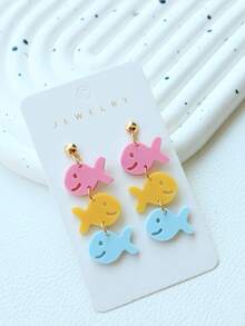 一对可爱亚克力鱼形、饼干形、马卡龙形长款吊坠耳环，教师节、返校季、毕业季的甜蜜礼物 - 彩色 - 查看 5
