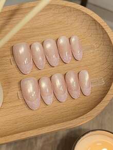 10 PCS Glowy Sheer Pink Press-On Nails Handcrafted Minimalist Almond Shape Fake Nails For Office & Date - Multicolor - View 3