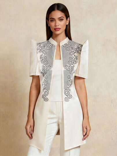 Amyenjoylife Modern Philippine Inspired Blouse - Butterfly Sleeve Philippine Inspired Print Women Short Sleeve Top, Lightweight Jacket, Suitable For Vacation, Office, Casual, Date, Spring/Summer, Champagne Color