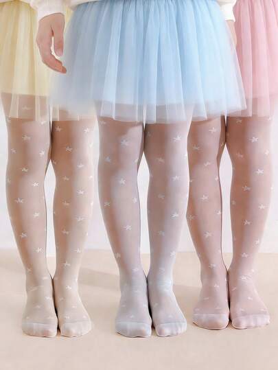 3 Pairs Baby/Toddler Girls' Star Pattern Sheer, High Elasticity Tights, Suitable For Layering Or Outerwear, All Season
