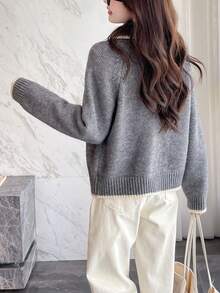 女士休闲复古风撞色领拉链开衫，秋冬款 - 灰色 - 查看 5