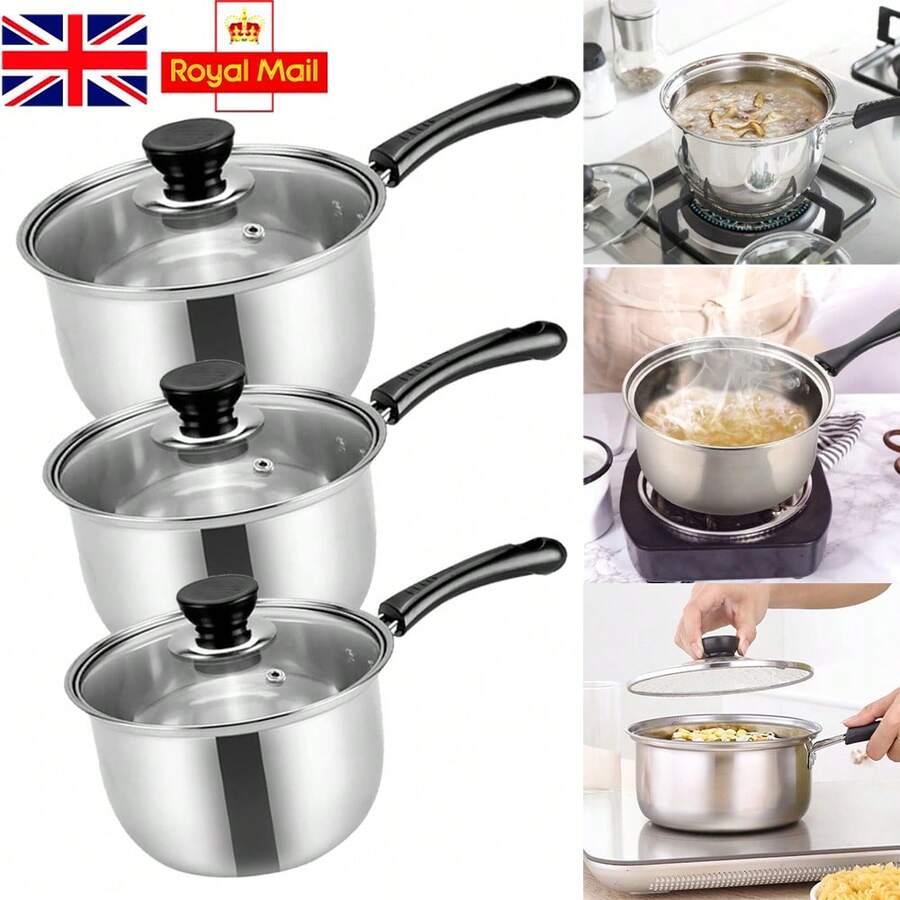 3pcs Stainless Steel Pans Set, Stainless Steel Pot And Pan Set, Saucepan With Glass Lids Cookware, Cookware Set Compatible With Induction, Gas And Electric Hobs - Silver - View 1