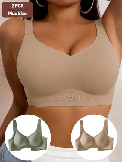 2pcs/Set Solid Color Casual - Comfortable Minimalist Plus Size Bras For Women