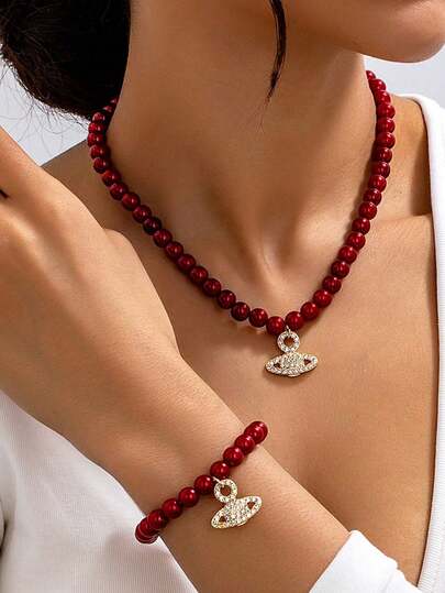 2 Mặt dây chuyền hình hành tinh đính ngọc trai giả màu đỏ, phong cách retro Âu-Mỹ, thanh lịch, thích hợp làm trang sức dự tiệc và các buổi liên hoan.