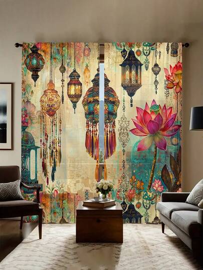 2件套波西米亚现代艺术装饰半遮光半透明窗帘，适用于客厅、卧室、家居装饰