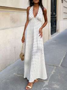 Unadoll Women's Summer Low Cut, Long Tie Neck, Backless, Zipper, Polka Dot Fabric Sexy And Elegant Dress, Suitable For Dates, Vacations, Parties, Dinners, Valentine's Day, Birthdays And Other Occasions - White - View 11