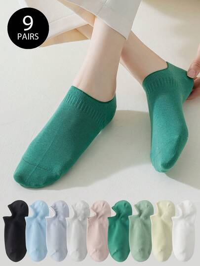 1/5/9 Pairs Women's Ankle Socks, Colorful Low-Cut Short Socks With Ribbed Cuffs, Suitable For Daily Wear