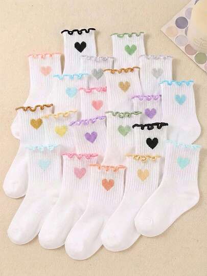 20/10/1 Pair Kids Random Color Striped Heart, Ruffle Heart Print Mid-Calf Socks, Suitable For Daily Wear And Sports. Minimalist, Comfortable, Soft, Breathable, Absorbent, Good Fit. Children Socks, Girls Socks, Fit For 1-14 Years Old Kids, Suitable For Back To School Season And Gift Giving.