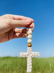 1/2/4pcs Handmade Macrame Cross Keychains With Wooden Beads, Suitable For Women, Ideal As Baptism Guest Gifts, Handcrafted Cross Keychain Gifts, Boho Style Woven Cotton Rope Keychains With Wooden Beads, Christian Baptism Easter Birthday Religious Gifts, Communion Confirmation Party Decor Religious Souvenirs - Multicolor - View 7