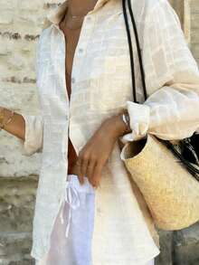 女士杏色格子长袖防晒衬衫，适合海滩、度假、日常穿着、约会、派对等场合。 - 杏色 - 查看 4