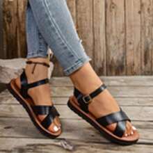 Plus Size 2024 New Fashion Flat Sandals, Korean Style Comfortable Strappy Toe-Exposed Retro Flat Sandals For Women, EU/US Style - Black - View 13