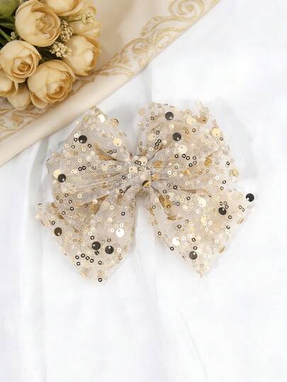 1pc Champagne Gold Mesh Bow Hair Clips For Girls Sparkling Sequin Hair Bows Glitter Mesh Alligator Clips Large Tulle Sequin Prom Barrettes Wedding Party Hairpins Teens Hair Accessories